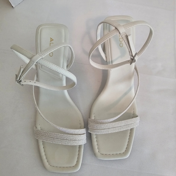 Aldo Square Toe White Pearl Embellished Strappy Heels - Picture 8 of 12